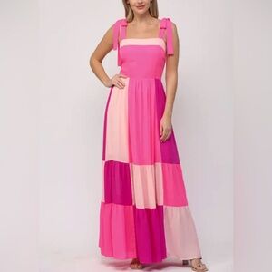 LFD Pink Maxi Dress Color Block Maxi Dress w/ Shoulder Tie